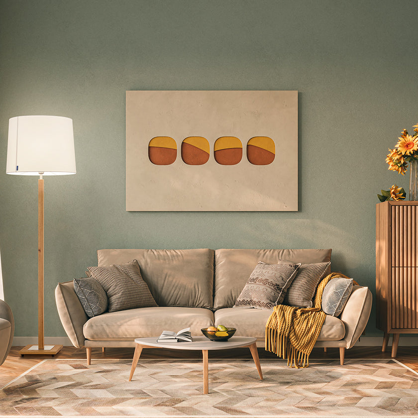 Stehleuchte Modell Titos, Asteiche geölt, weißer Lampenschirm, Details in Nickel matt gebürstet, Milieubild im Wohnzimmer, Leuchte steht neben einem Sofa