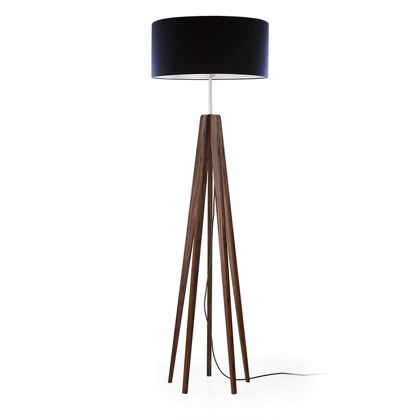 Stehleuchte aus Nussbaum geölt, Modell Aster, mit schwarzem Lampenschirm, Metall Nickel gebürstet, 5 Beine, Kabel mittig 