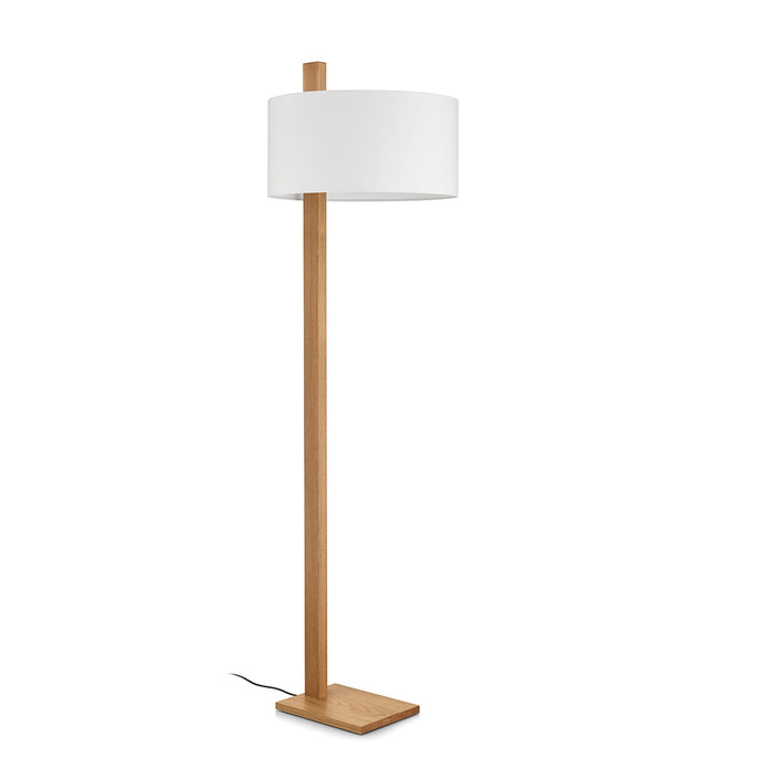 Stehleuchte aus Asteiche geölt, Modell Lydia, weißer Schirm, Metall Nickel matt gebürstet, Ansicht schräg 