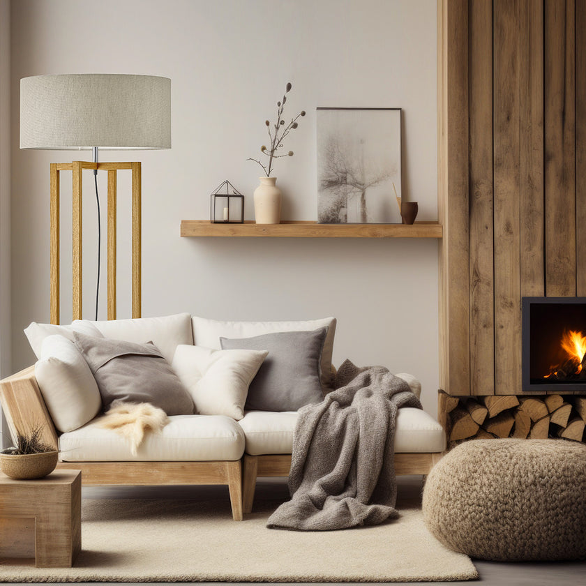 Stehleuchte aus Asteiche geölt, Modell Auri, mit weißem Lampenschirm, Metall Nickel gebürstet, Kabel mittig, Milieubild im Wohnzimmer hinter der Couch