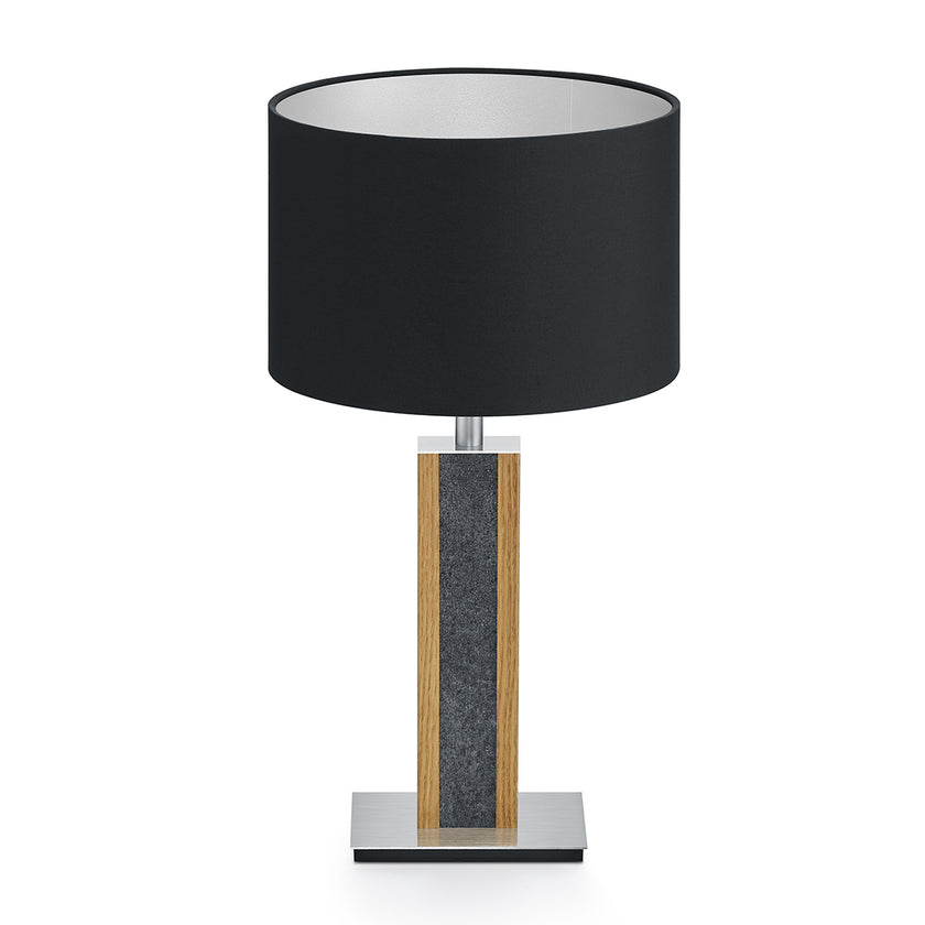 Tischleuchte aus Asteiche geölt und Granitoptikapplikation, Modell Karl G, schwarzer Schirm, Nickel Details, Frontalansicht