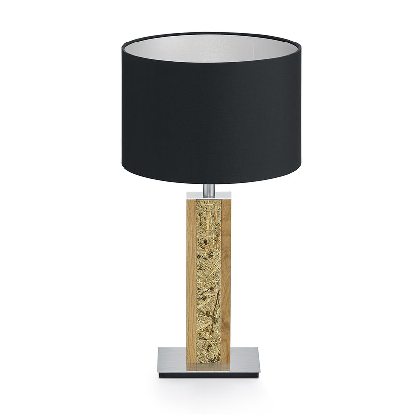 Tischleuchte aus Asteiche geölt und Almwiesenheuapplikation, Modell Karl H, Nickel Applikationen, schwarzer Schirm, Frontalansicht 