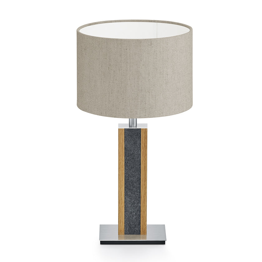 Tischleuchte aus Asteiche geölt und Granitoptikapplikation, Modell Karl G, Leinenoptik Schirm, Nickel Details, Frontalansicht