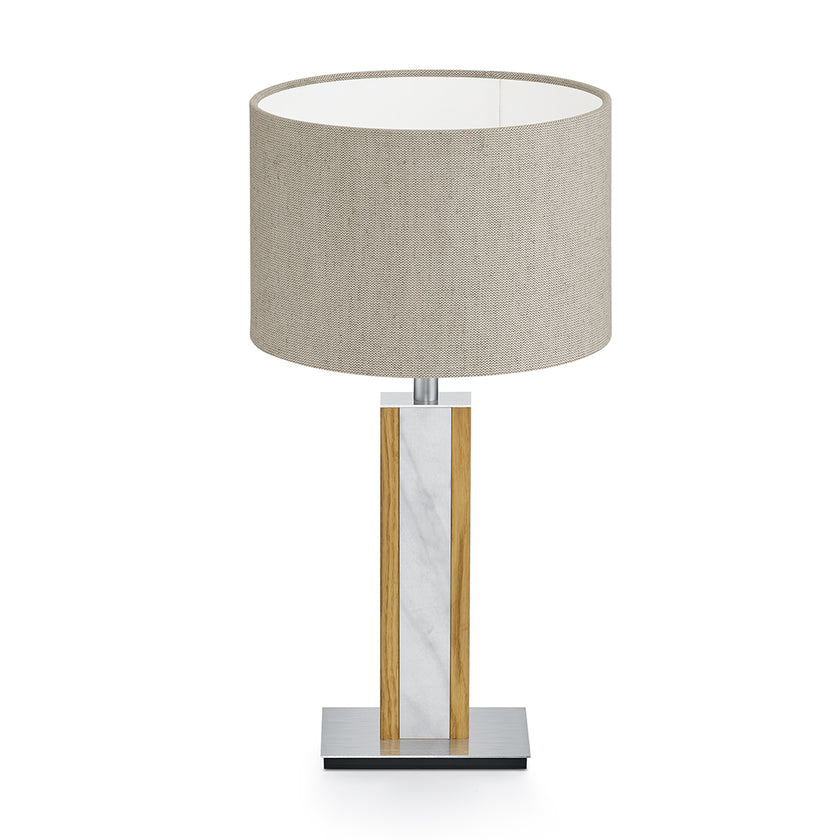 Tischleuchte aus Asteiche geölt, Modell Karl M, Mamor Details, Leinenoptik runder Schirm, Frontalansicht 