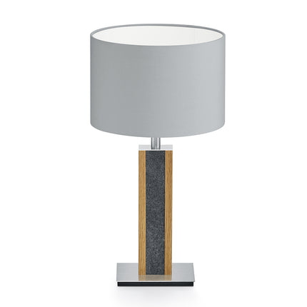 Tischleuchte aus Asteiche geölt und Granitoptikapplikation, Modell Karl G, silberner Schirm, Nickel Details, Frontalansicht