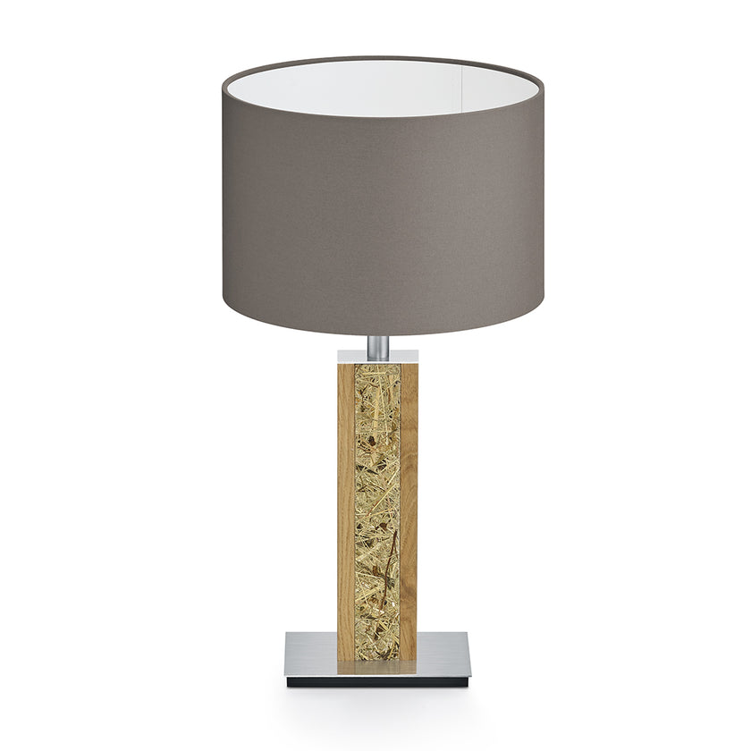 Tischleuchte aus Asteiche geölt und Almwiesenheuapplikation, Modell Karl H, Nickel Applikationen, taupe Schirm, Frontalansicht 