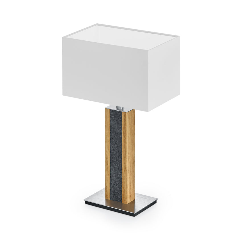 Tischleuchte aus Asteiche geölt und Granitoptikapplikation, Modell Karl G, weißer rechteckiger Schirm, Nickel Details, Seitenansicht 