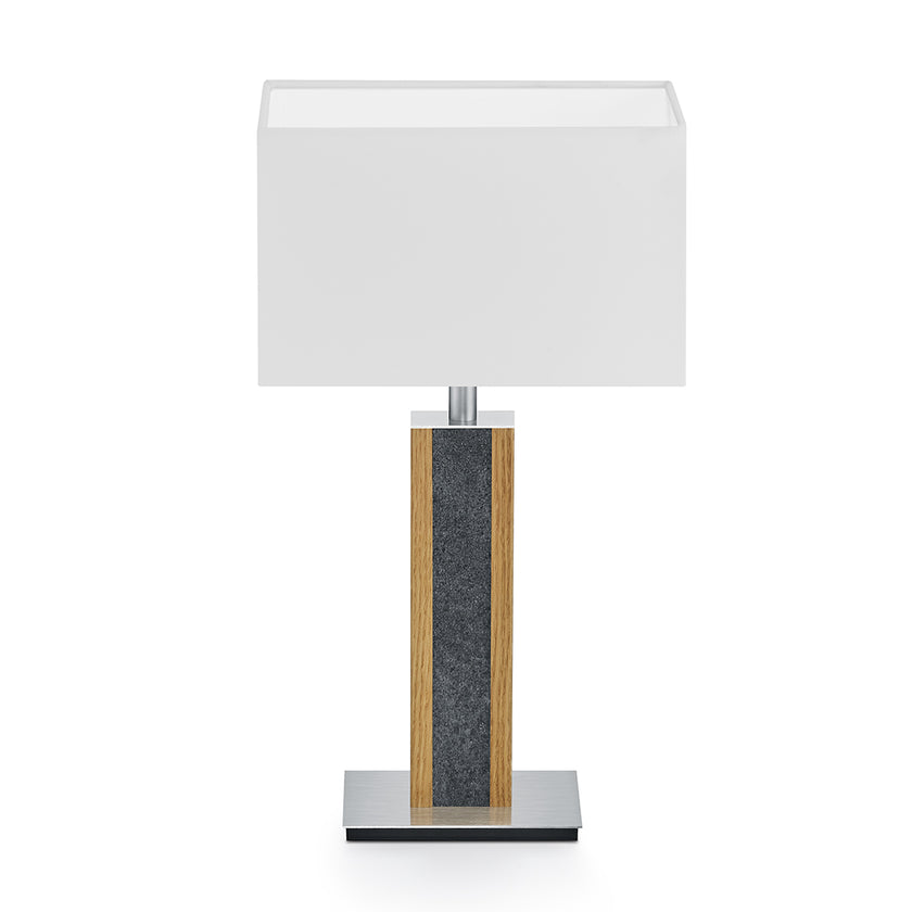 Tischleuchte aus Asteiche geölt und Granitoptikapplikation, Modell Karl G, weißer rechteckiger Schirm, Nickel Details, Frontalansicht 