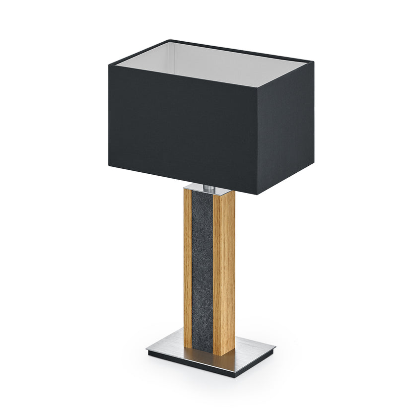 Tischleuchte aus Asteiche geölt und Granitoptikapplikation, Modell Karl G, schwarzer rechteckiger Schirm, Nickel Details, Seitenansicht 