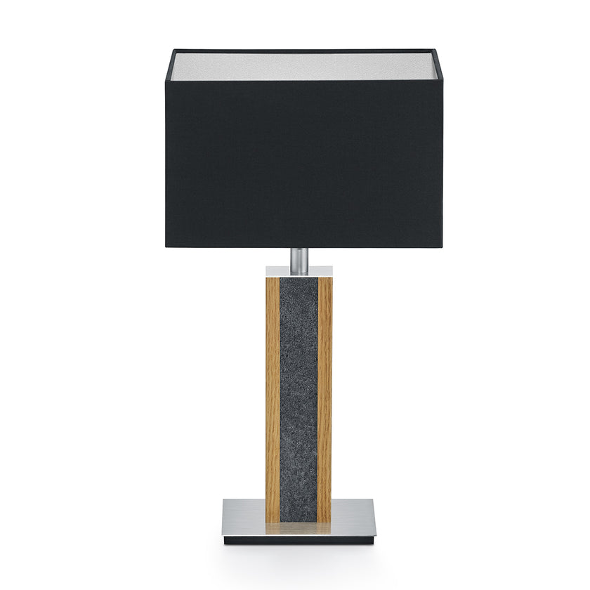 Tischleuchte aus Asteiche geölt und Granitoptikapplikation, Modell Karl G, schwarzer rechteckiger Schirm, Nickel Details, Frontalansicht 