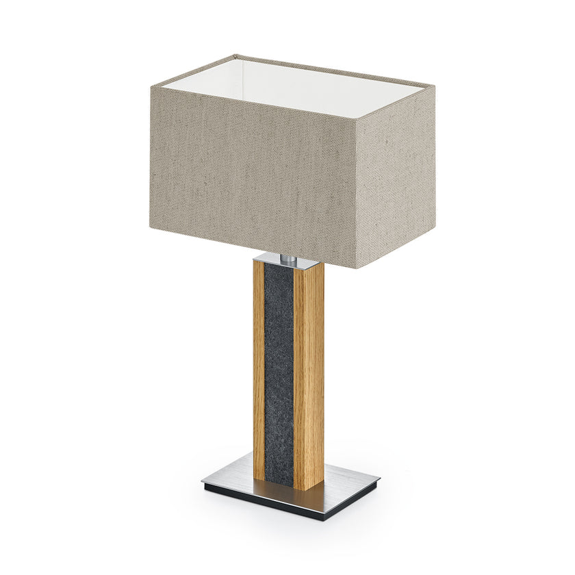 Tischleuchte aus Asteiche geölt und Granitoptikapplikation, Modell Karl G, Leinenoptik rechteckiger Schirm, Nickel Details, Seitenansicht 