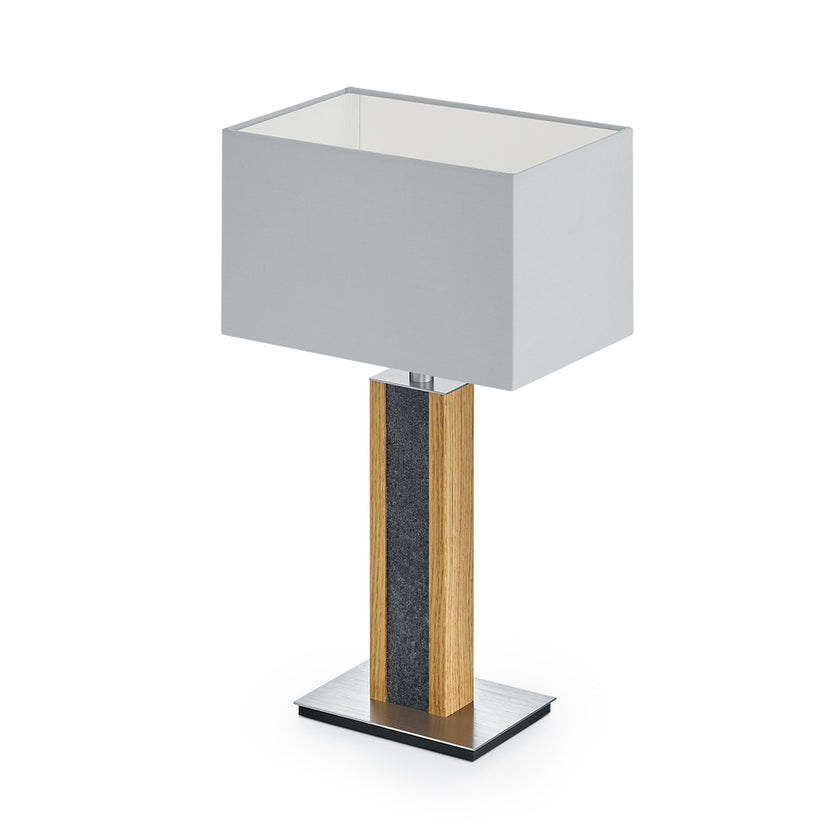 Tischleuchte aus Asteiche geölt und Granitoptikapplikation, Modell Karl G, silberner rechteckiger Schirm, Nickel Details, Seitenansicht 