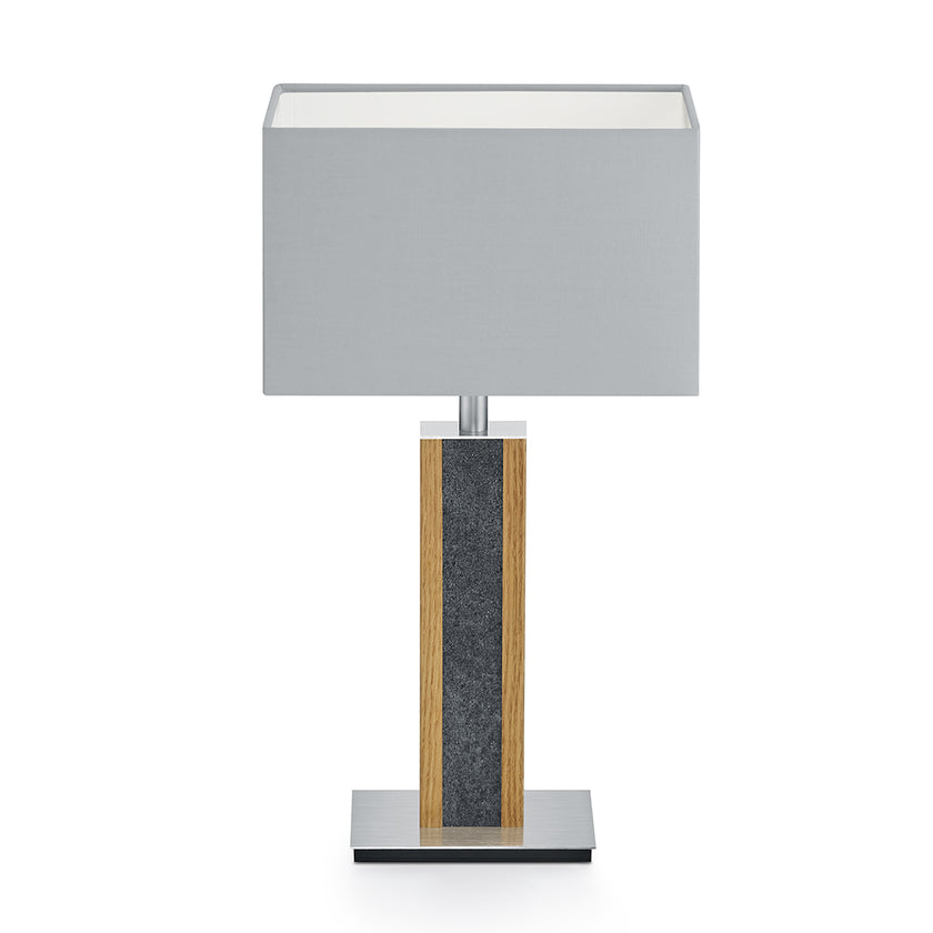 Tischleuchte aus Asteiche geölt und Granitoptikapplikation, Modell Karl G, silberner rechteckiger Schirm, Nickel Details, Frontalansicht 