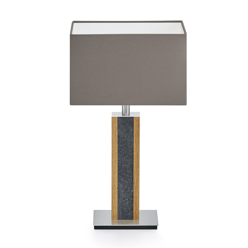 Tischleuchte aus Asteiche geölt und Granitoptikapplikation, Modell Karl G, taupe rechteckiger Schirm, Nickel Details, Frontalansicht 