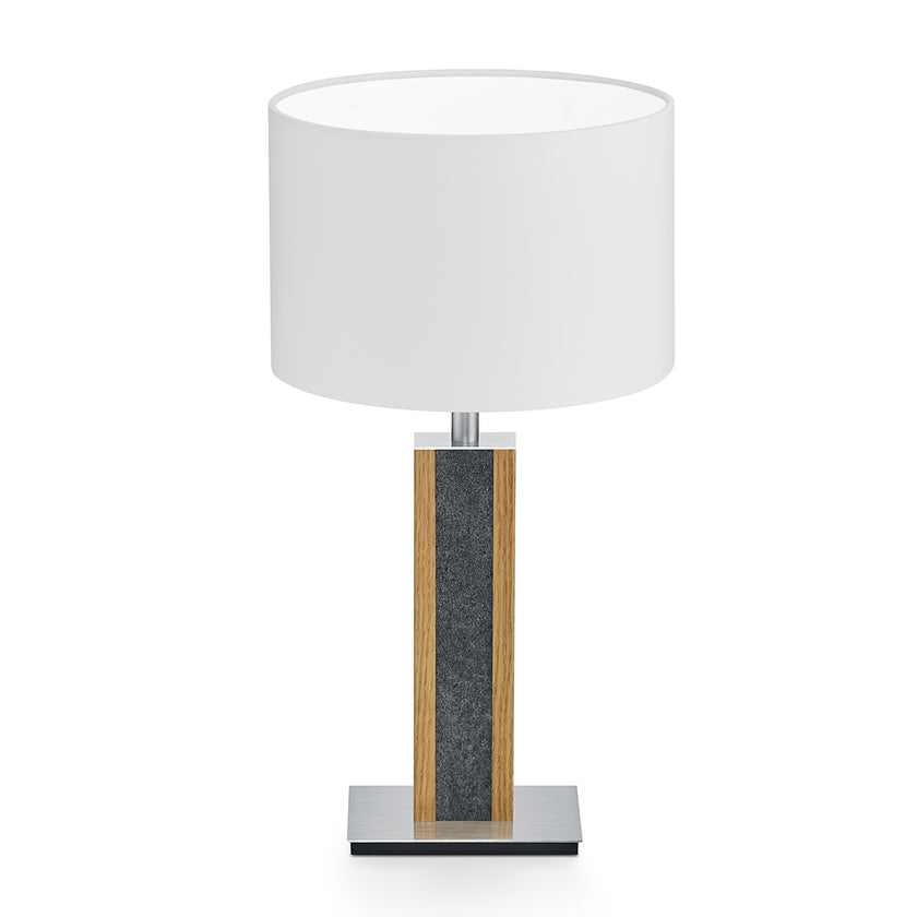 Tischleuchte aus Asteiche geölt und Granitoptikapplikation, Modell Karl G, weißer Schirm, Nickel Details, Frontalansicht
