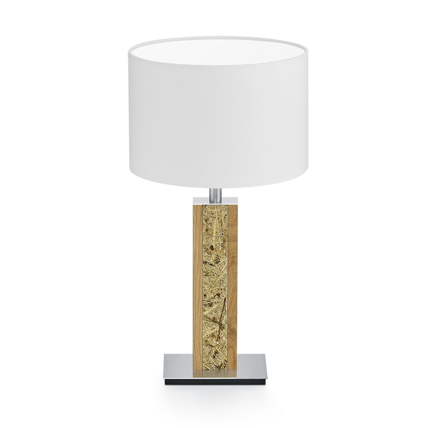 Tischleuchte aus Asteiche geölt und Almwiesenheuapplikation, Modell Karl H, Nickel Applikationen, weißer Schirm, Frontalansicht 