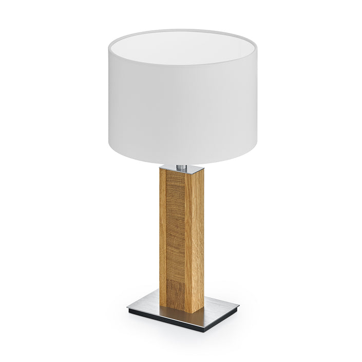 Tischleuchte aus Asteiche geölt und Kopfholz, Modell Karl K, weißer Schirm, Nickel Applikationen, Seitenansicht 