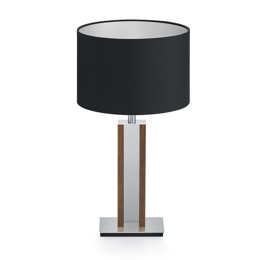 Tischleuchte aus Nussbaum geölt, Modell Karl N, Details Nickel matt gebürstet, schwarzer Schirm, Frontalansicht