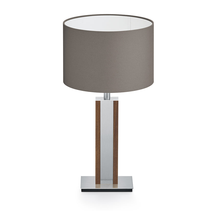 Tischleuchte aus Nussbaum geölt, Modell Karl N, Details Nickel matt gebürstet, taupe Schirm, Frontalansicht