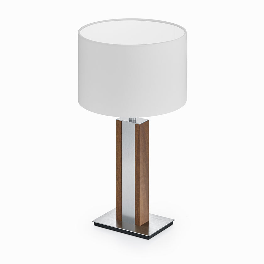 Tischleuchte aus Nussbaum geölt, Modell Karl N, Details Nickel matt gebürstet, weißer Schirm, Seitenansicht 