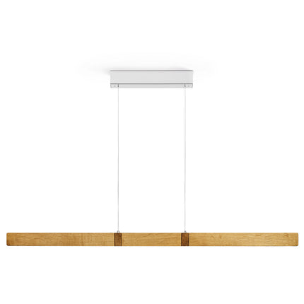 Balkenleuchte aus Asteiche geölt, Modell Marley, Nickel Baldachin, 1300mm, Kopfholzapplikationen, Metall Nickel matt gebürstet, Up & Down Licht, dimmbar, Rollizug (höhenverstellbar), Frontalansicht