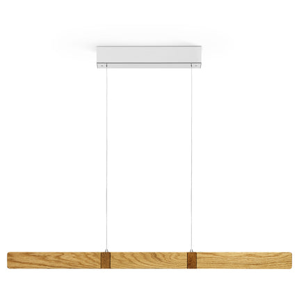 Balkenleuchte aus Asteiche geölt, Modell Marley, Nickel Baldachin, 1000mm, Kopfholzapplikationen, Metall Nickel matt gebürstet, Up & Down Licht, dimmbar, Rollizug (höhenverstellbar), Frontalansicht