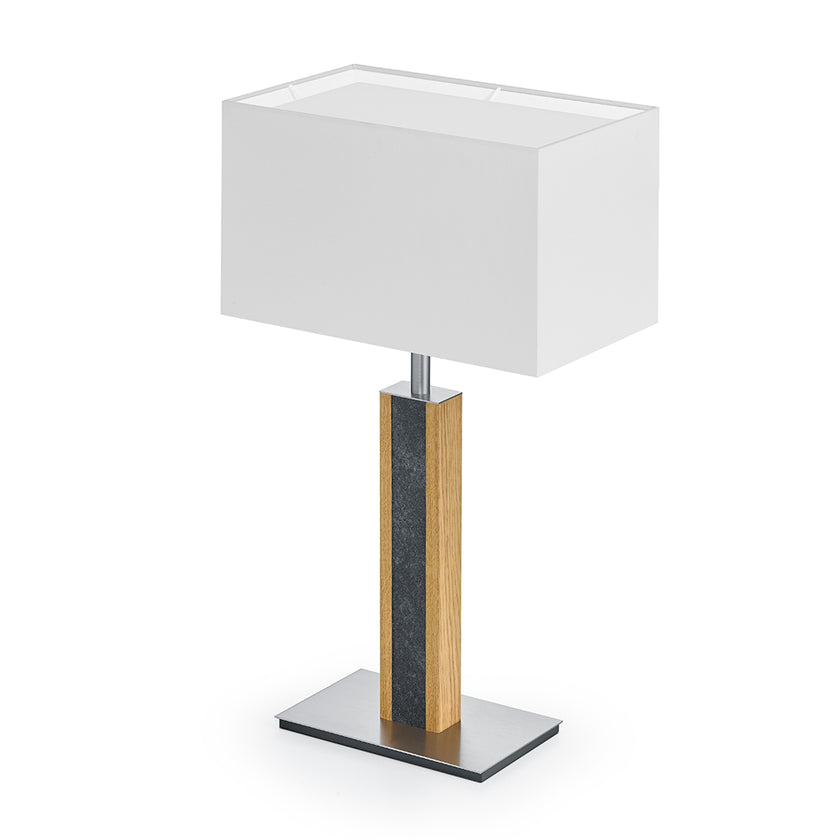 Hockerleuchte aus Asteiche geölt und Granitoptikapplikation, Modell Karl G, weißer rechteckiger Schirm, Nickel Details, Seitenansicht 