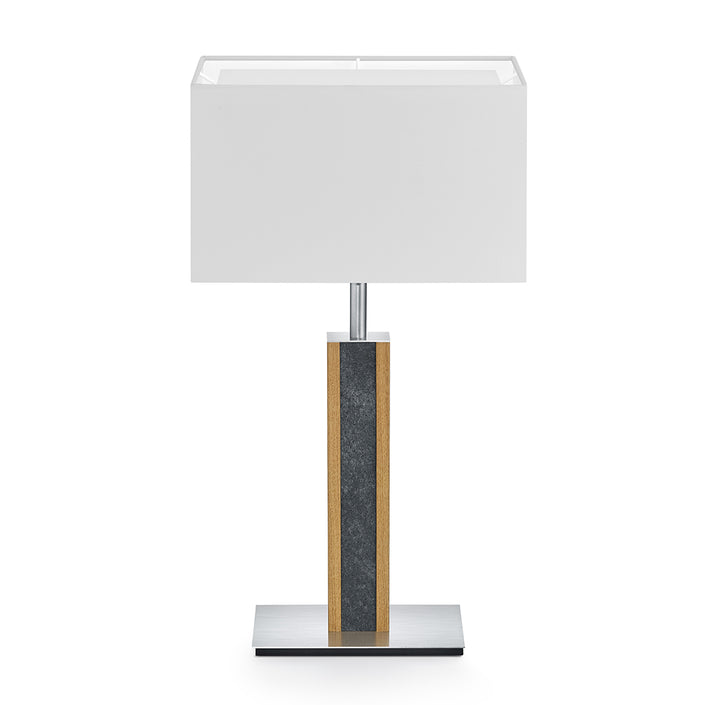 Hockerleuchte aus Asteiche geölt und Granitoptikapplikation, Modell Karl G, weißer rechteckiger Schirm, Nickel Details, Frontalansicht 