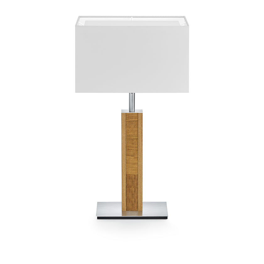 Hockerleuchte aus Asteiche geölt und Kopfholz, Modell Karl K, Nickel Applikationen, weißer rechteckiger Schirm, Frontalansicht 