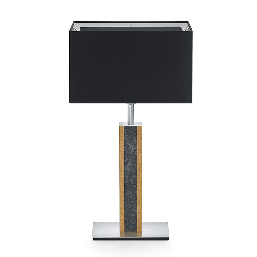 Hockerleuchte aus Asteiche geölt und Granitoptikapplikation, Modell Karl G, schwarzer rechteckiger Schirm, Nickel Details, Frontalansicht 