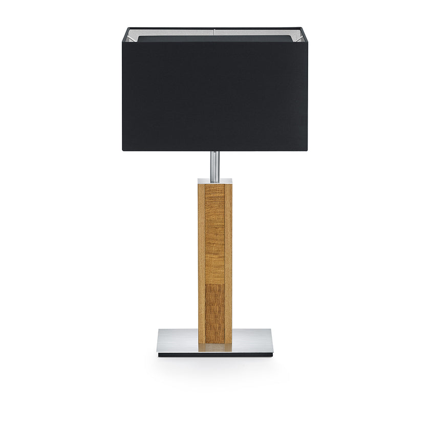 Hockerleuchte aus Asteiche geölt und Kopfholz, Modell Karl K, Nickel Applikationen, schwarzer rechteckiger Schirm, Frontalansicht 