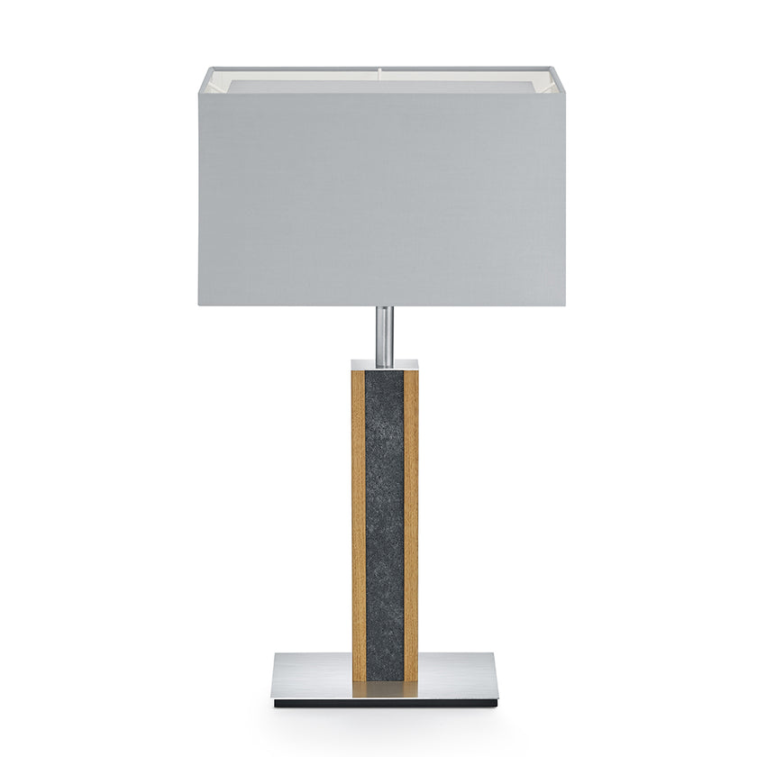 Hockerleuchte aus Asteiche geölt und Granitoptikapplikation, Modell Karl G, silberner rechteckiger Schirm, Nickel Details, Frontalansicht 