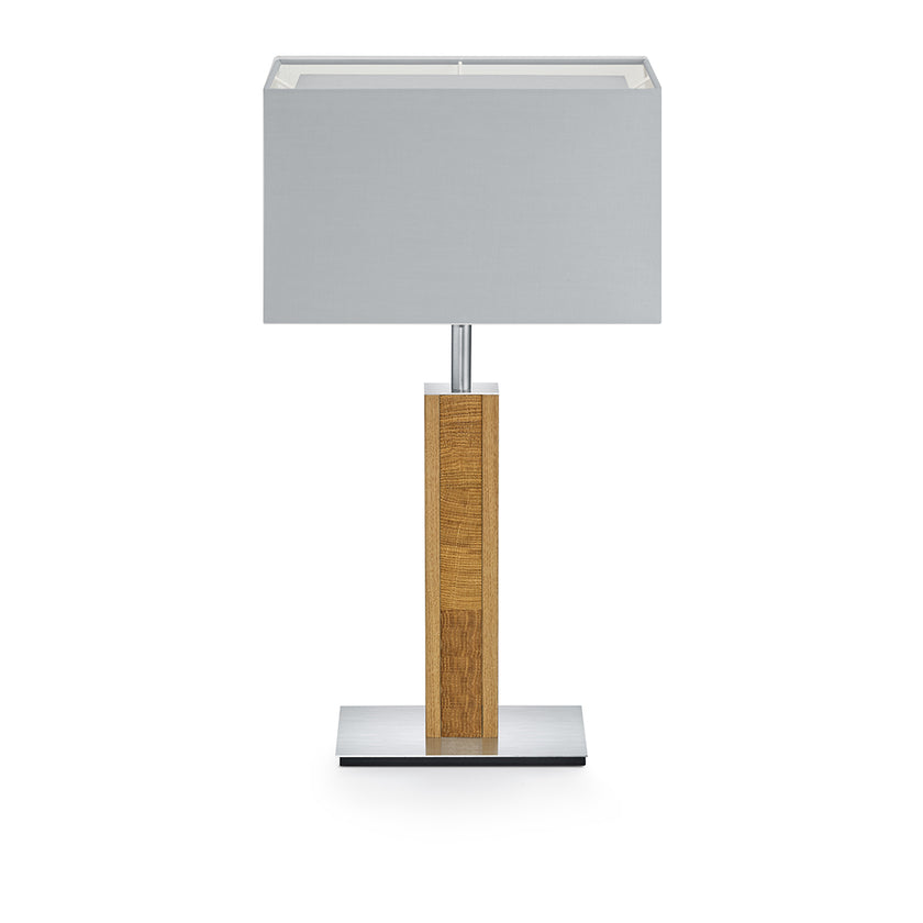 Hockerleuchte aus Asteiche geölt und Kopfholz, Modell Karl K, Nickel Applikationen, silberner rechteckiger Schirm, Frontalansicht 