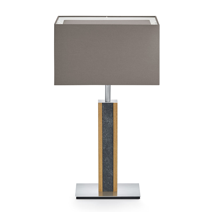 Hockerleuchte aus Asteiche geölt und Granitoptikapplikation, Modell Karl G, taupe rechteckiger Schirm, Nickel Details, Frontalansicht 