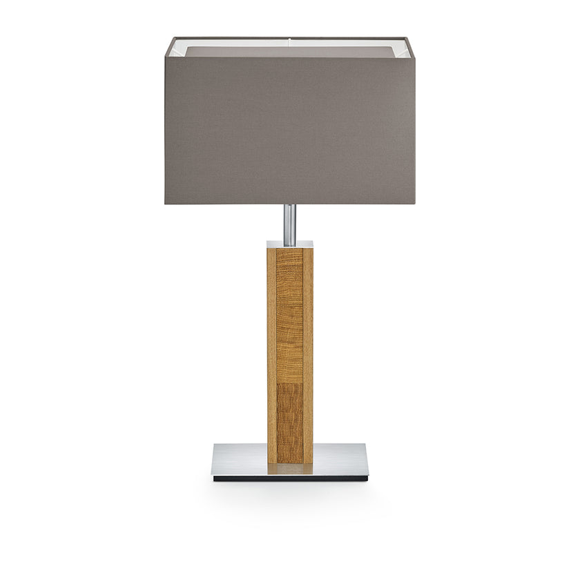 Hockerleuchte aus Asteiche geölt und Kopfholz, Modell Karl K, Nickel Applikationen, taupe rechteckiger Schirm, Frontalansicht 