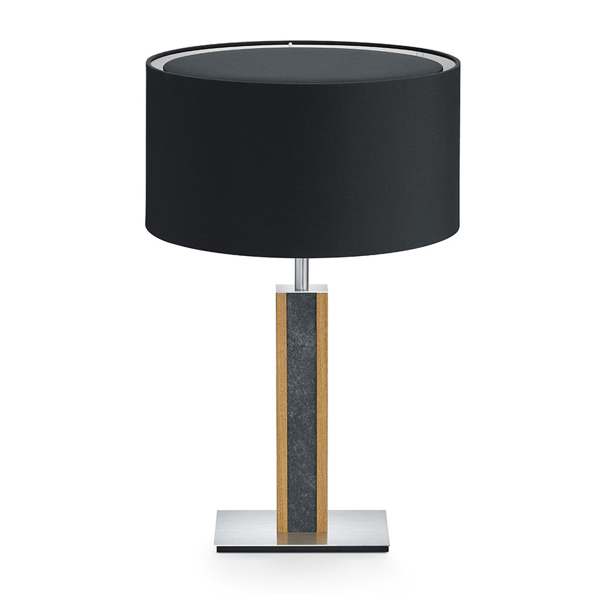 Hockerleuchte aus Asteiche geölt und Granit, Modell Karl G, Schirm schwarz, Nickel matt gebürstet, Frontalansicht 