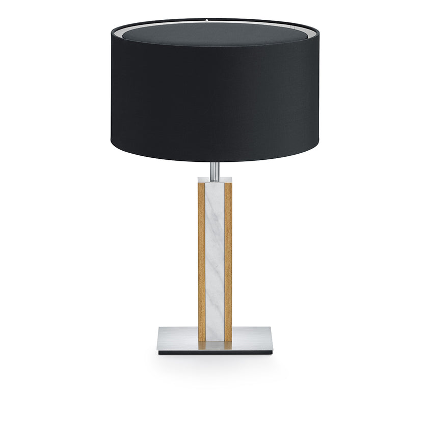 Hockerleuchte aus Asteiche geölt, Modell Karl M, Mamor Details, schwarzer runder Schirm, Frontalansicht