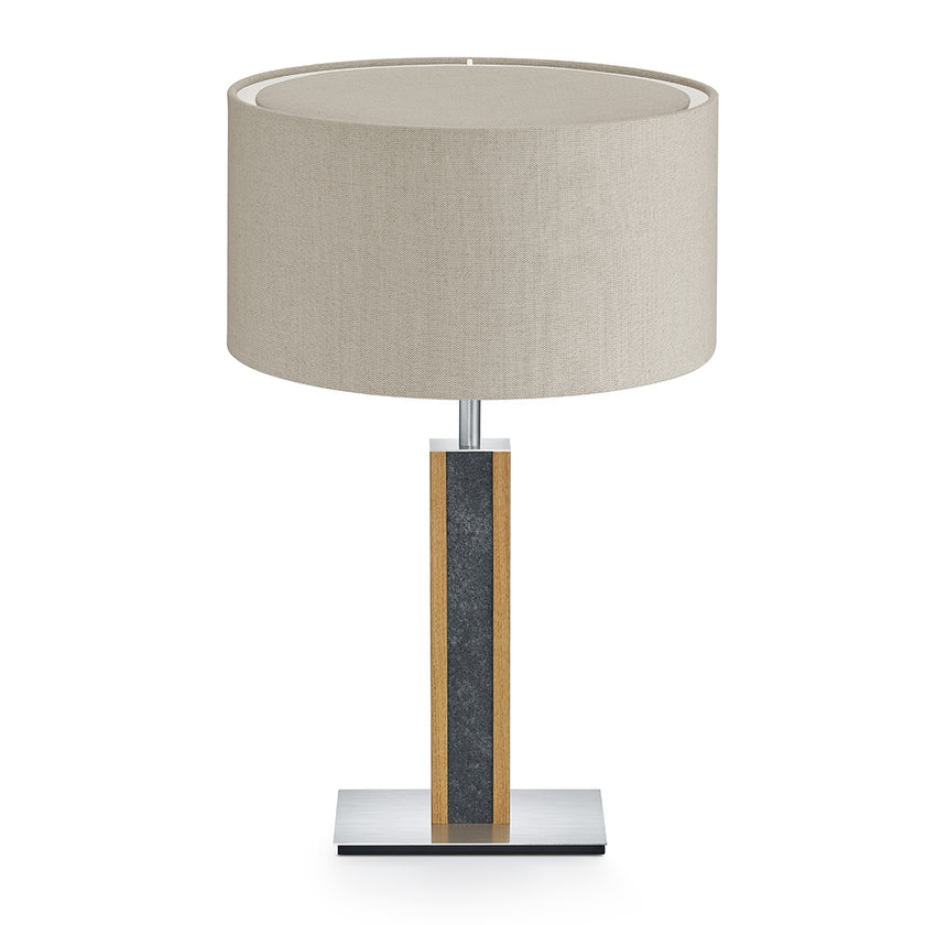 Hockerleuchte aus Asteiche geölt und Granit, Modell Karl G, Schirm Leinenoptik, Nickel matt gebürstet, Frontalansicht 