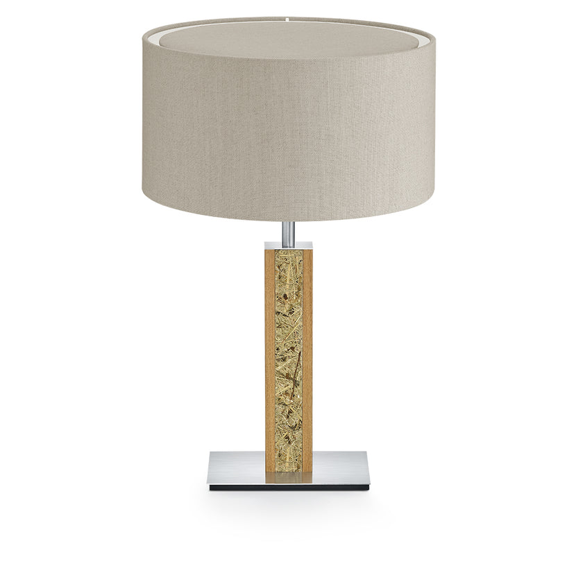 Hockerleuchte aus Asteiche geölt und Almwiesenheuapplikation, Modell Karl H, Nickel Applikationen, Leinenoptik Schirm, Seitenansicht 