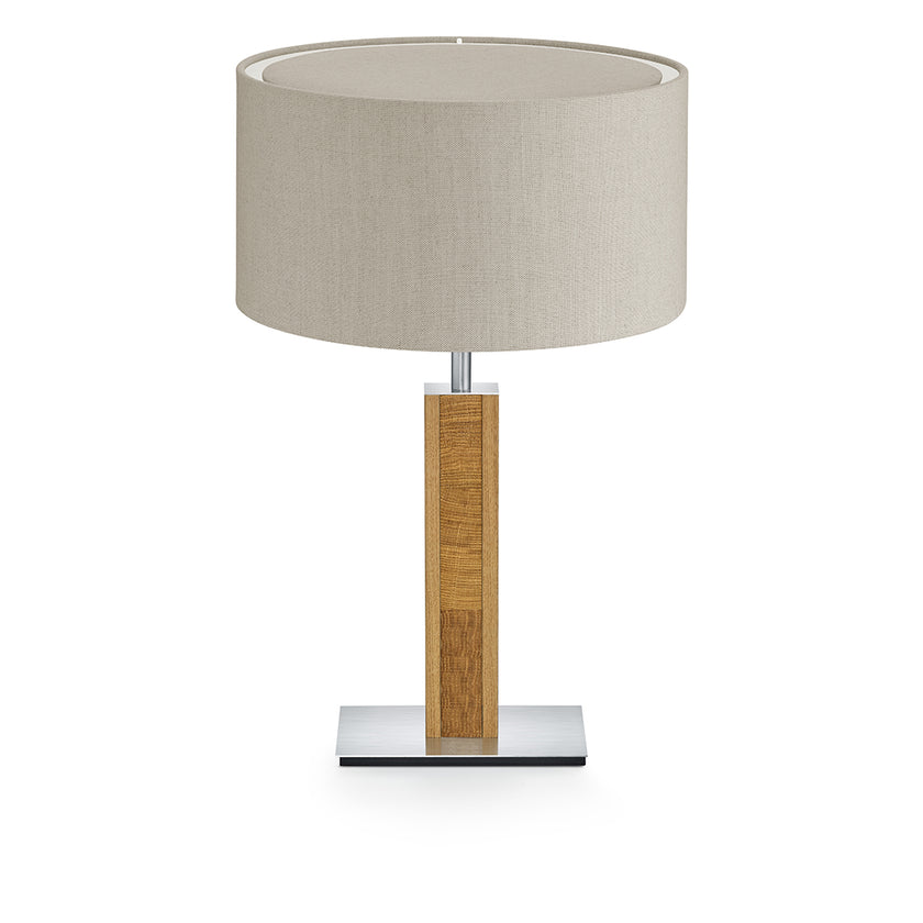 Hockerleuchte aus Asteiche geölt und Kopfholz, Modell Karl K, Nickel Applikationen, Leinenoptik Schirm, Frontalansicht 