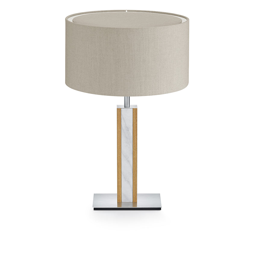 Hockerleuchte aus Asteiche geölt, Modell Karl M, Mamor Details, Leinenoptik, runder Schirm, Frontalansicht