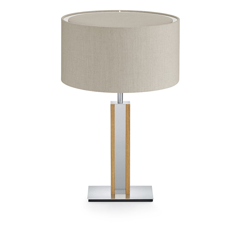 Hockerleuchte aus Asteiche geölt, Modell Karl N, Details Nickel matt gebürstet, Leinenoptik runder Schirm, Frontalansicht 