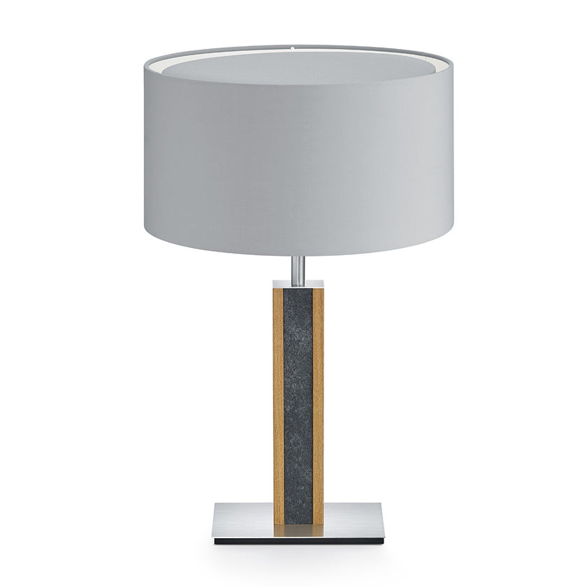 Hockerleuchte aus Asteiche geölt und Granit, Modell Karl G, Schirm silbergrau, Nickel matt gebürstet, Frontalansicht 