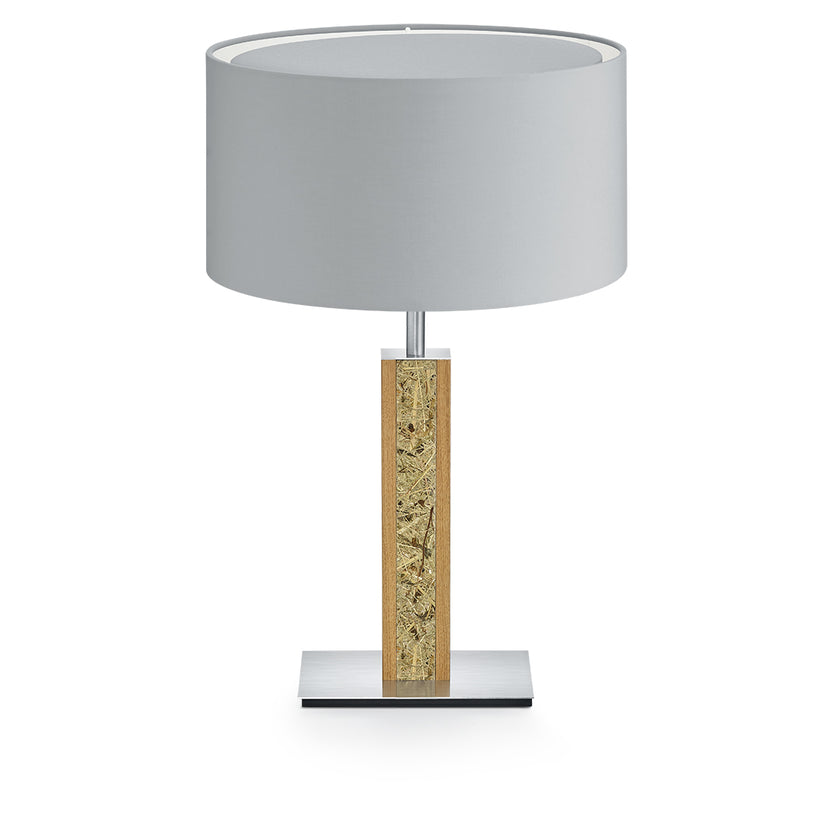 Hockerleuchte aus Asteiche geölt und Almwiesenheuapplikation, Modell Karl H, Nickel Applikationen, silberner Schirm, Seitenansicht 