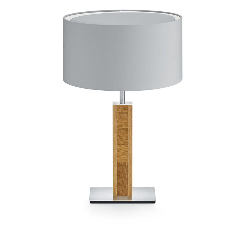 Hockerleuchte aus Asteiche geölt und Kopfholz, Modell Karl K, Nickel Applikationen, silberner Schirm, Frontalansicht 