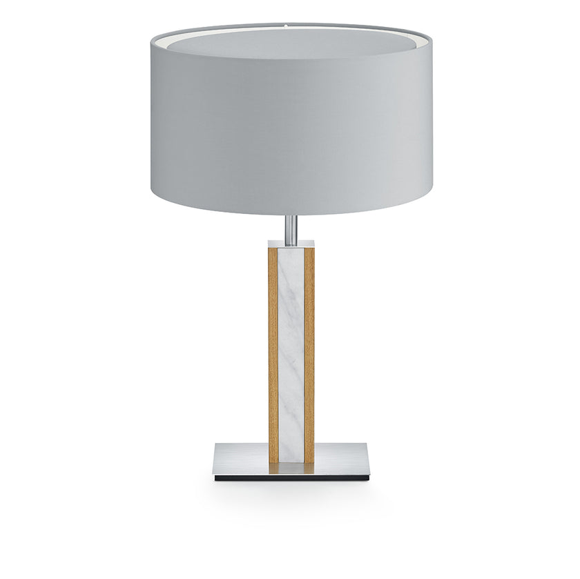 Hockerleuchte aus Asteiche geölt, Modell Karl M, Mamor Details, silberner runder Schirm, Frontalansicht