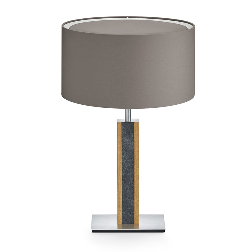 Hockerleuchte aus Asteiche geölt und Granit, Modell Karl G, Schirm taupe, Nickel matt gebürstet, Frontalansicht 