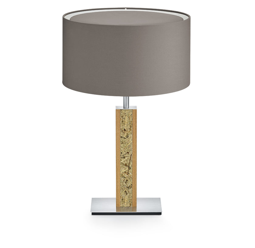 Hockerleuchte aus Asteiche geölt und Almwiesenheuapplikation, Modell Karl H, Nickel Applikationen, taupe Schirm, Seitenansicht 