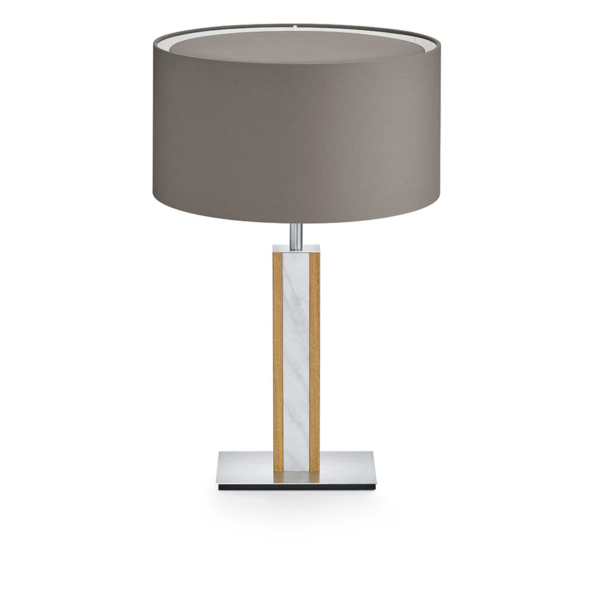 Hockerleuchte aus Asteiche geölt, Modell Karl M, Mamor Details, taupe runder Schirm, Frontalansicht