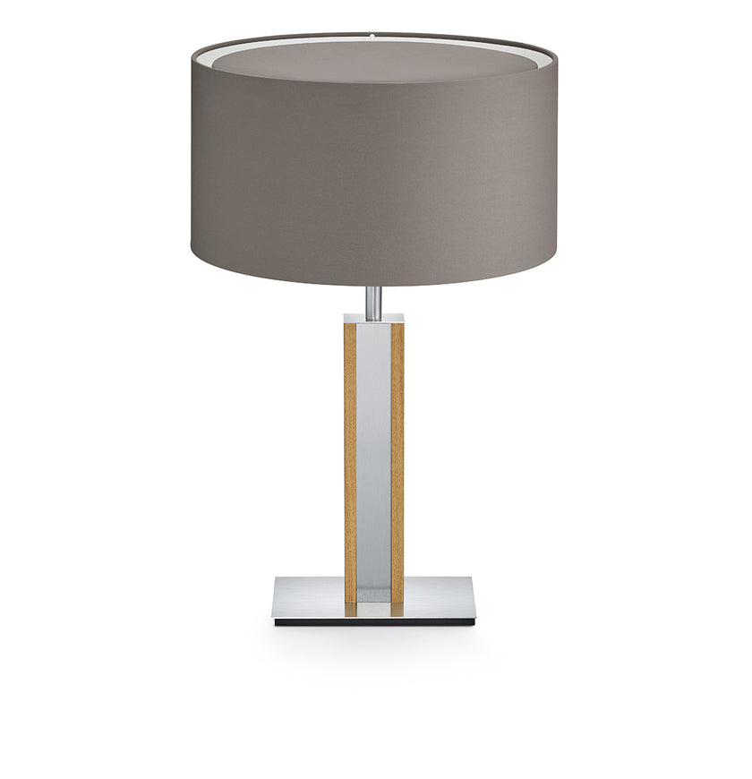 Hockerleuchte aus Asteiche geölt, Modell Karl N, Details Nickel matt gebürstet, taupe runder Schirm, Frontalansicht 